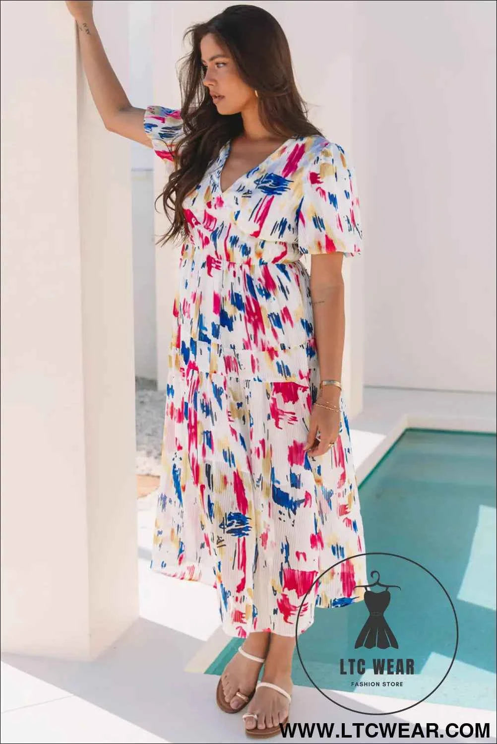 Sky Blue Abstract Print Short Puff Sleeve Tiered Maxi Dress