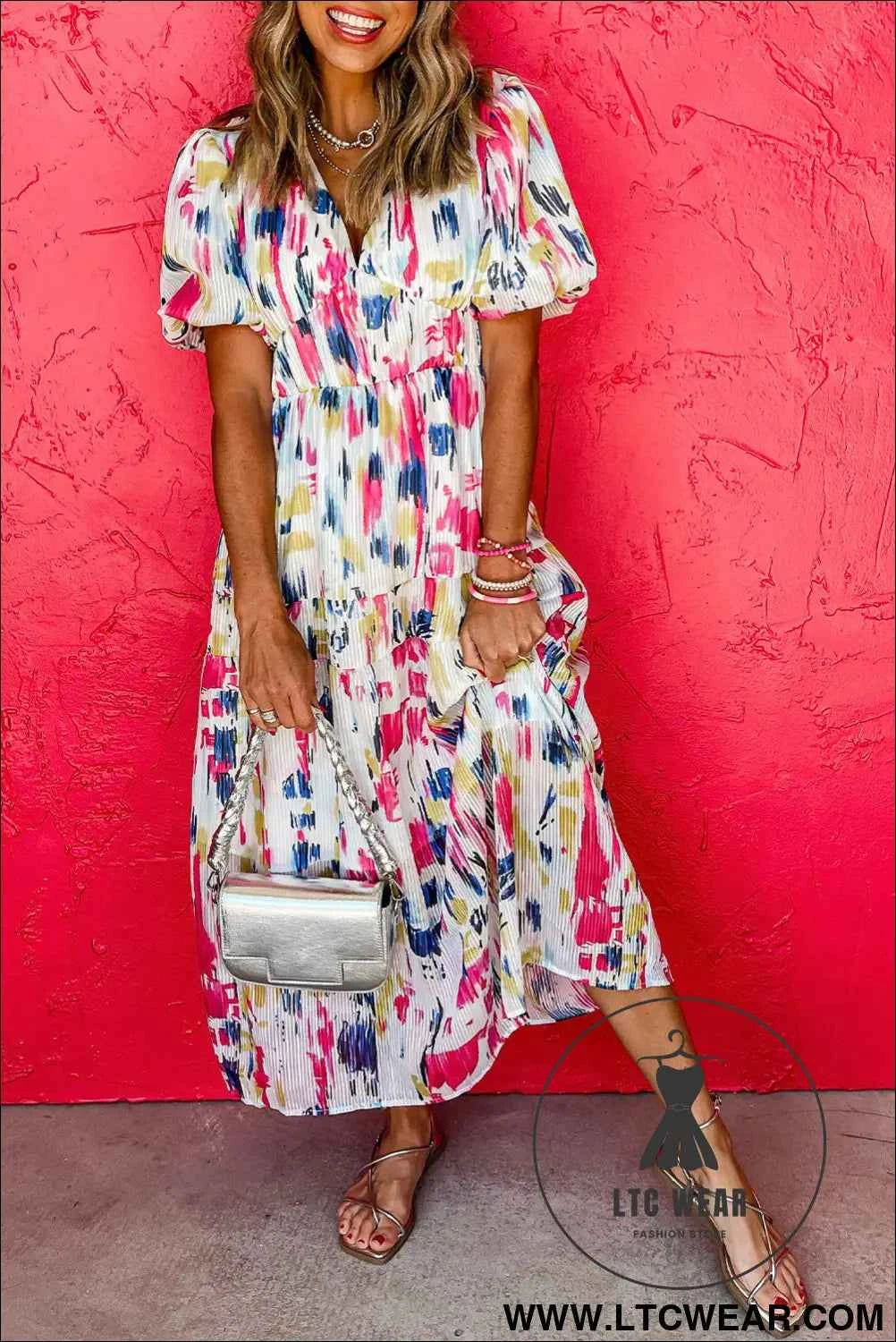Sky Blue Abstract Print Short Puff Sleeve Tiered Maxi Dress