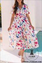 Sky Blue Abstract Print Short Puff Sleeve Tiered Maxi Dress