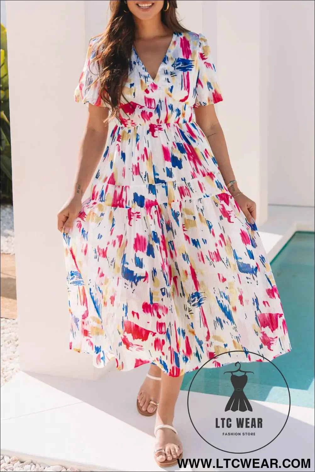 Sky Blue Abstract Print Short Puff Sleeve Tiered Maxi Dress