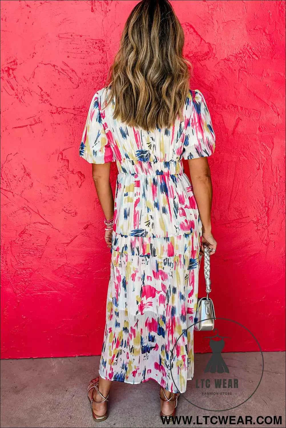 Sky Blue Abstract Print Short Puff Sleeve Tiered Maxi Dress