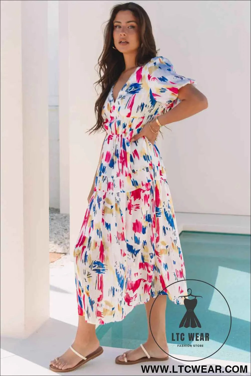 Sky Blue Abstract Print Short Puff Sleeve Tiered Maxi Dress