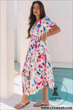 Sky Blue Abstract Print Short Puff Sleeve Tiered Maxi Dress