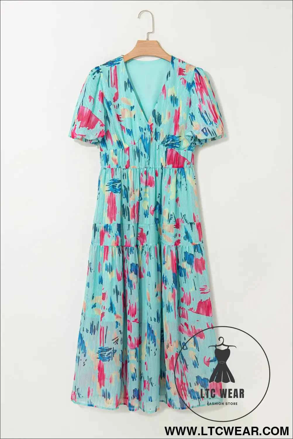 Sky Blue Abstract Print Short Puff Sleeve Tiered Maxi Dress