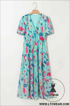 Sky Blue Abstract Print Short Puff Sleeve Tiered Maxi Dress