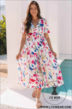 Sky Blue Abstract Print Short Puff Sleeve Tiered Maxi Dress