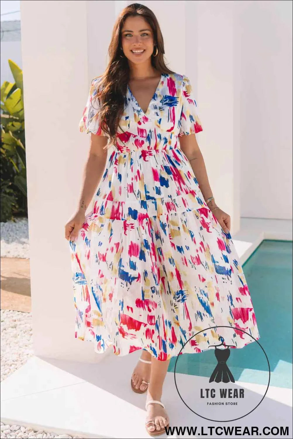 Sky Blue Abstract Print Short Puff Sleeve Tiered Maxi Dress