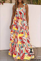 Sky Blue Abstract Print Striped Detail Knot Strap Maxi Dress