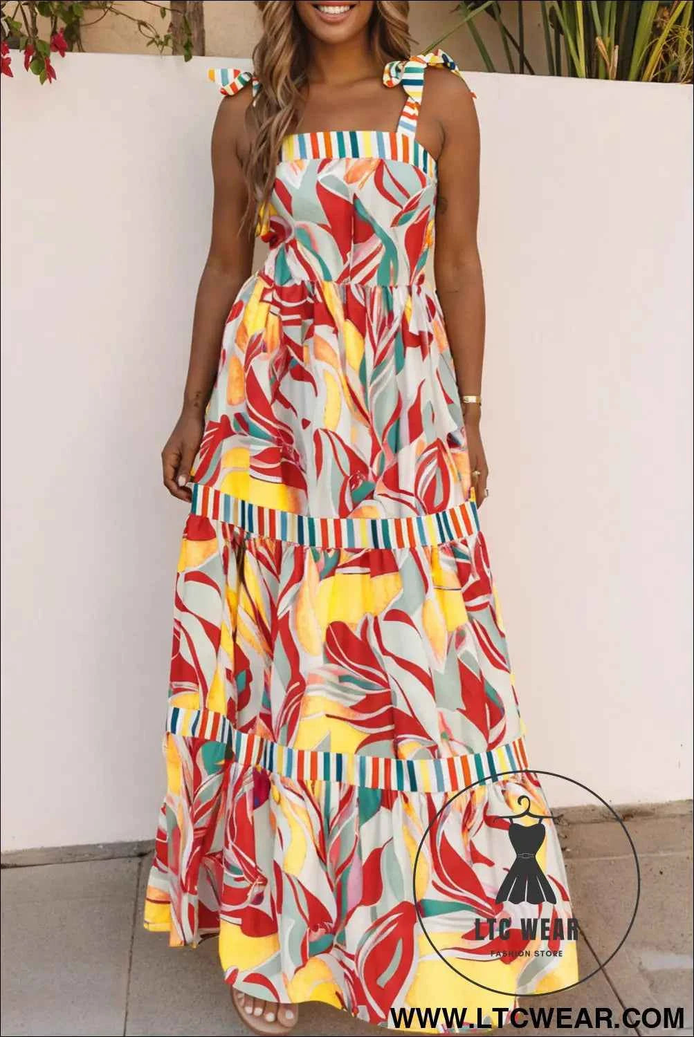 Sky Blue Abstract Print Striped Detail Knot Strap Maxi Dress