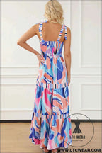 Sky Blue Abstract Print Striped Detail Knot Strap Maxi Dress