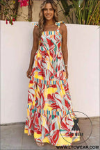 Sky Blue Abstract Print Striped Detail Knot Strap Maxi Dress