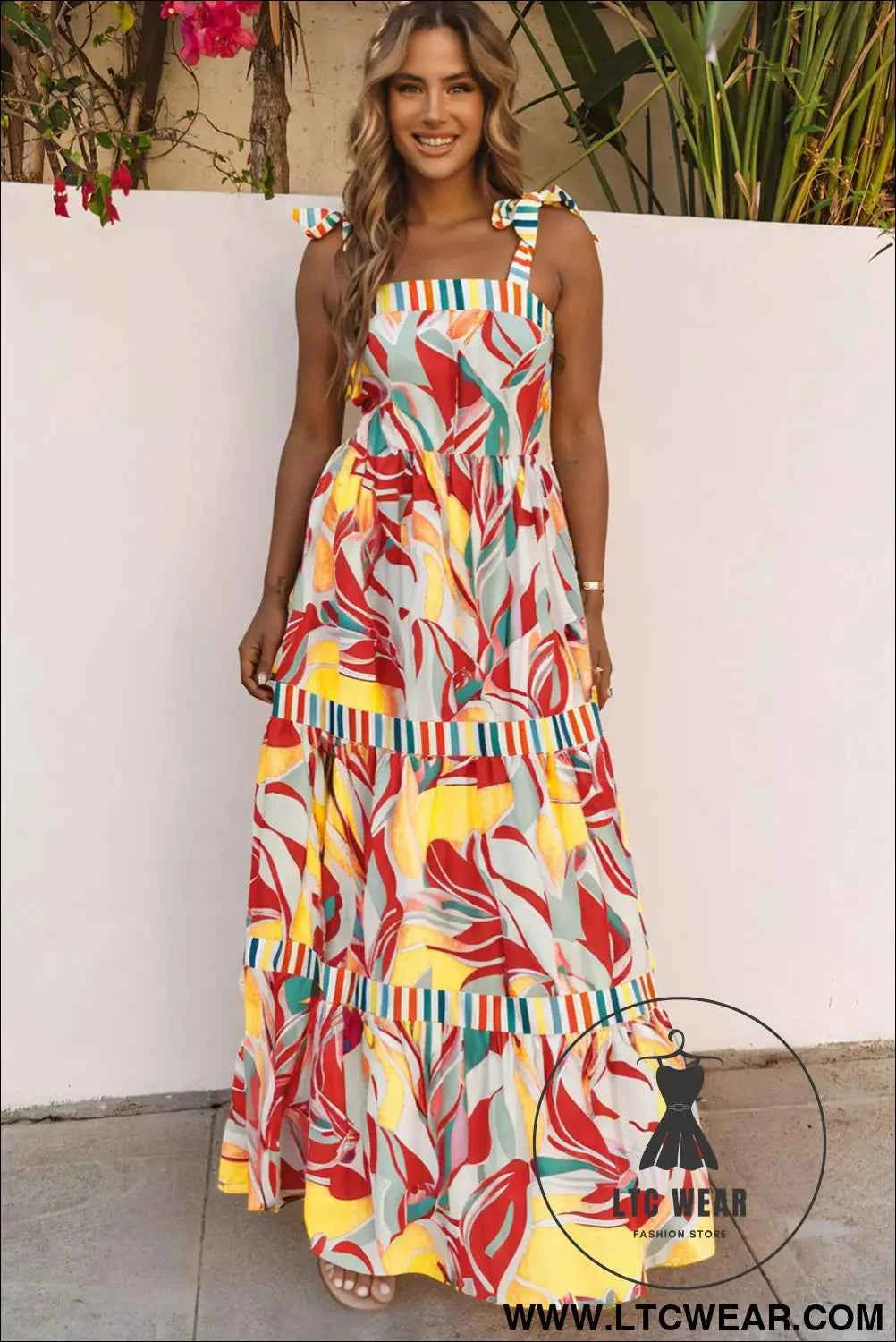 Sky Blue Abstract Print Striped Detail Knot Strap Maxi Dress