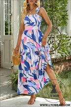 Sky Blue Abstract Print Striped Detail Knot Strap Maxi Dress