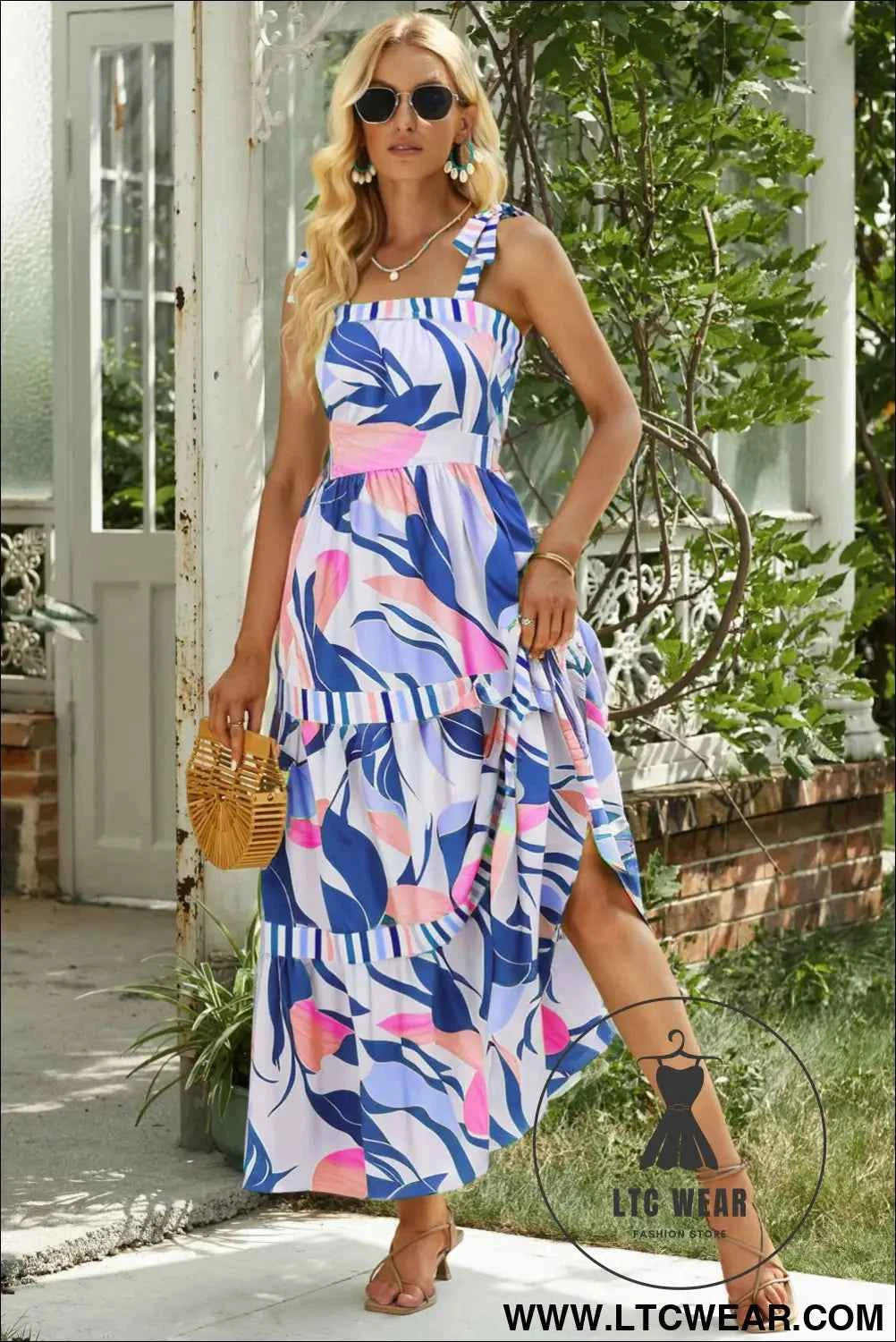 Sky Blue Abstract Print Striped Detail Knot Strap Maxi Dress