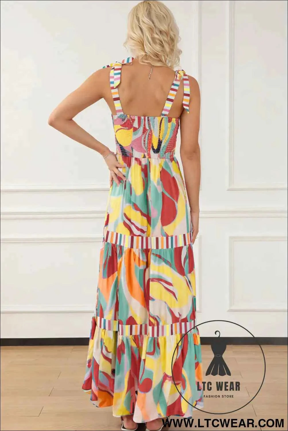 Sky Blue Abstract Print Striped Detail Knot Strap Maxi Dress