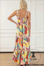 Sky Blue Abstract Print Striped Detail Knot Strap Maxi Dress
