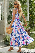 Sky Blue Abstract Print Striped Detail Knot Strap Maxi Dress