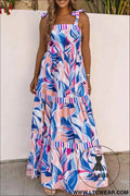 Sky Blue Abstract Print Striped Detail Knot Strap Maxi Dress