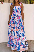 Sky Blue Abstract Print Striped Detail Knot Strap Maxi Dress