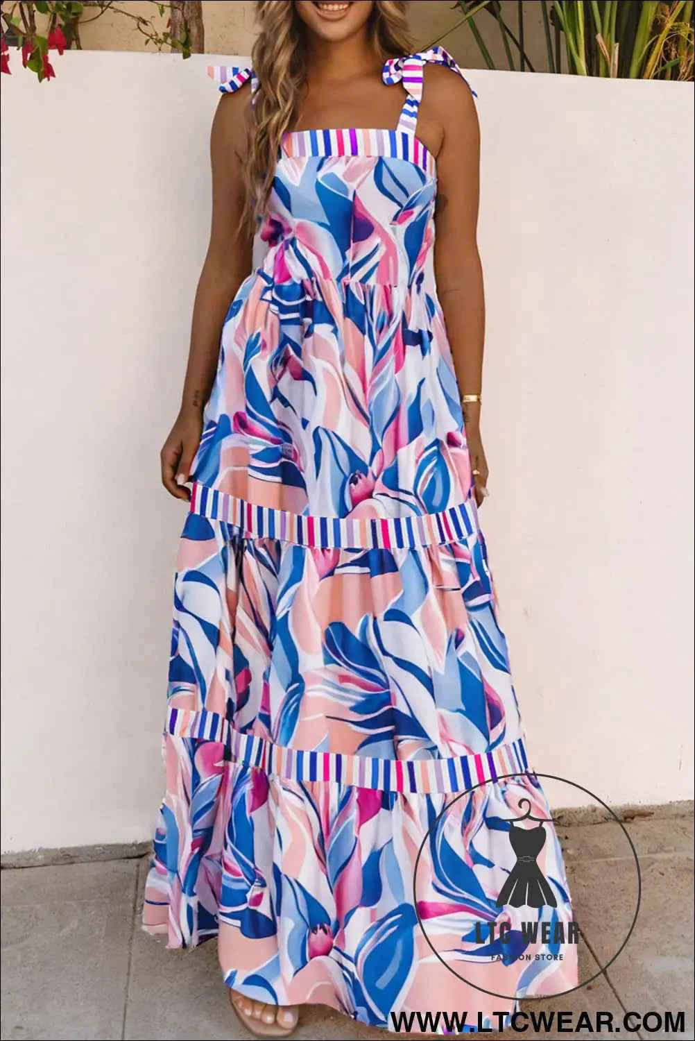 Sky Blue Abstract Print Striped Detail Knot Strap Maxi Dress