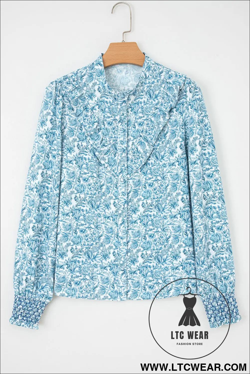 Sky Blue All Over Floral Puff Sleeve Shirt - L.T.C Wear Online Fashion Store