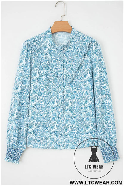 Sky Blue All Over Floral Puff Sleeve Shirt - L.T.C Wear Online Fashion Store