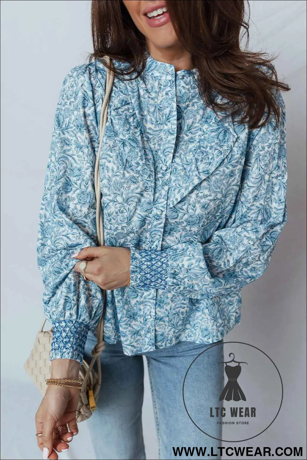Sky Blue All Over Floral Puff Sleeve Shirt