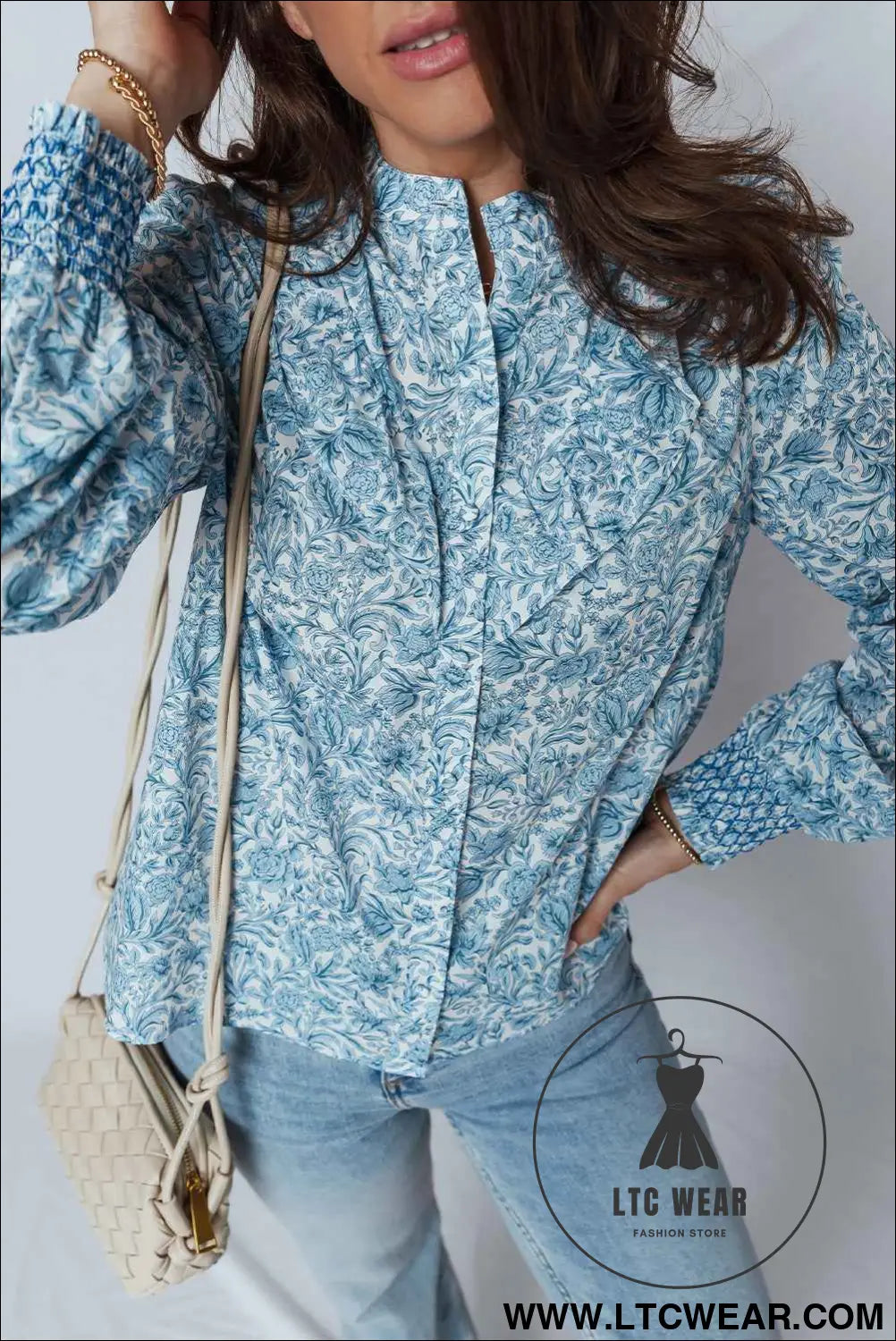 Sky Blue All Over Floral Puff Sleeve Shirt