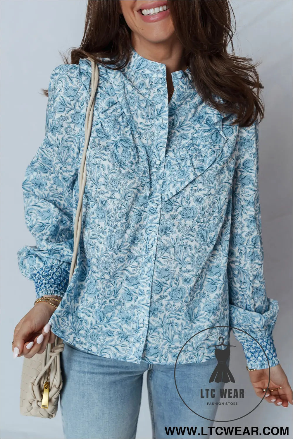 Sky Blue All Over Floral Puff Sleeve Shirt - L.T.C Wear Online Fashion Store