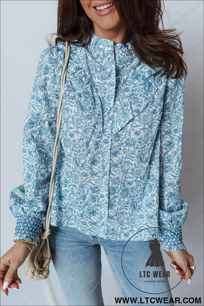 Sky Blue All Over Floral Puff Sleeve Shirt