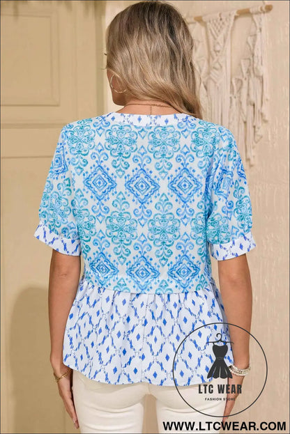 Sky Blue Boho Floral Geometric Patchwork Short Puff Sleeve Babydoll Blouse