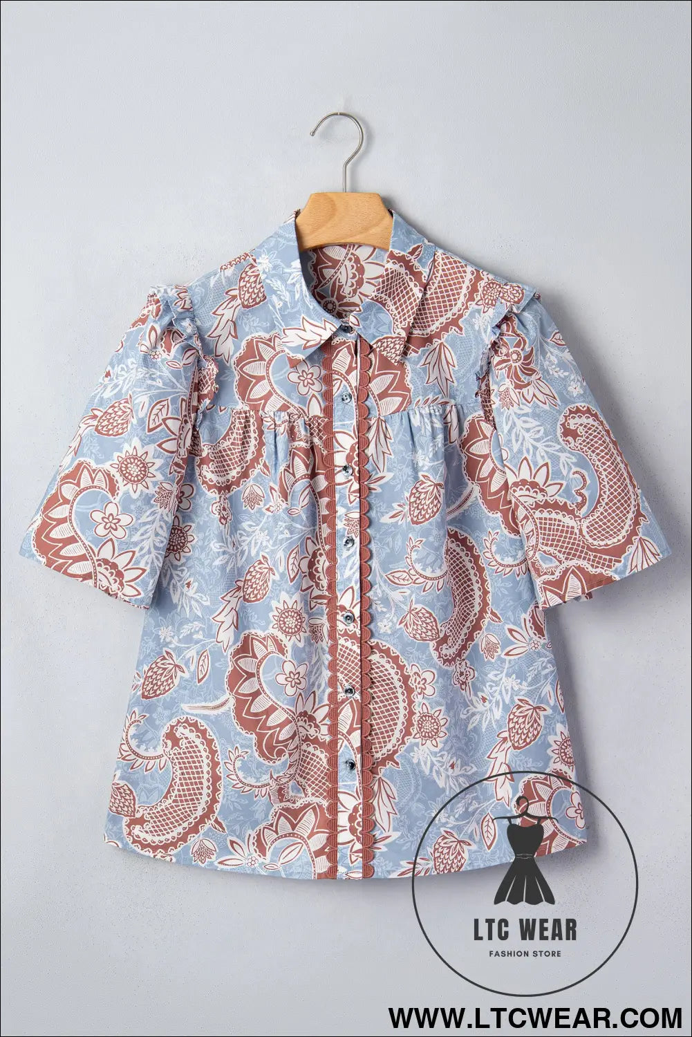 Sky blue boho floral print scalloped trim button down short sleeve shirt - blouses & shirts