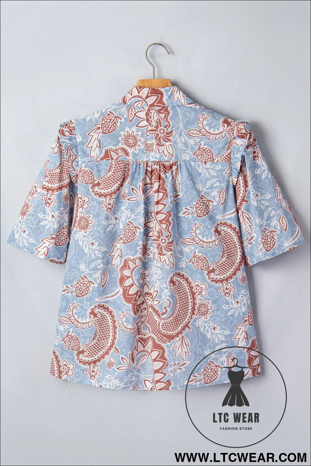 Sky blue boho floral print scalloped trim button down short sleeve shirt - blouses & shirts