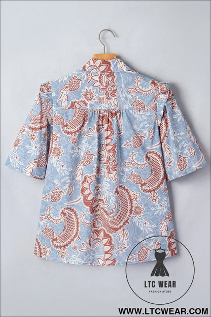 Sky blue boho floral print scalloped trim button down short sleeve shirt - blouses & shirts