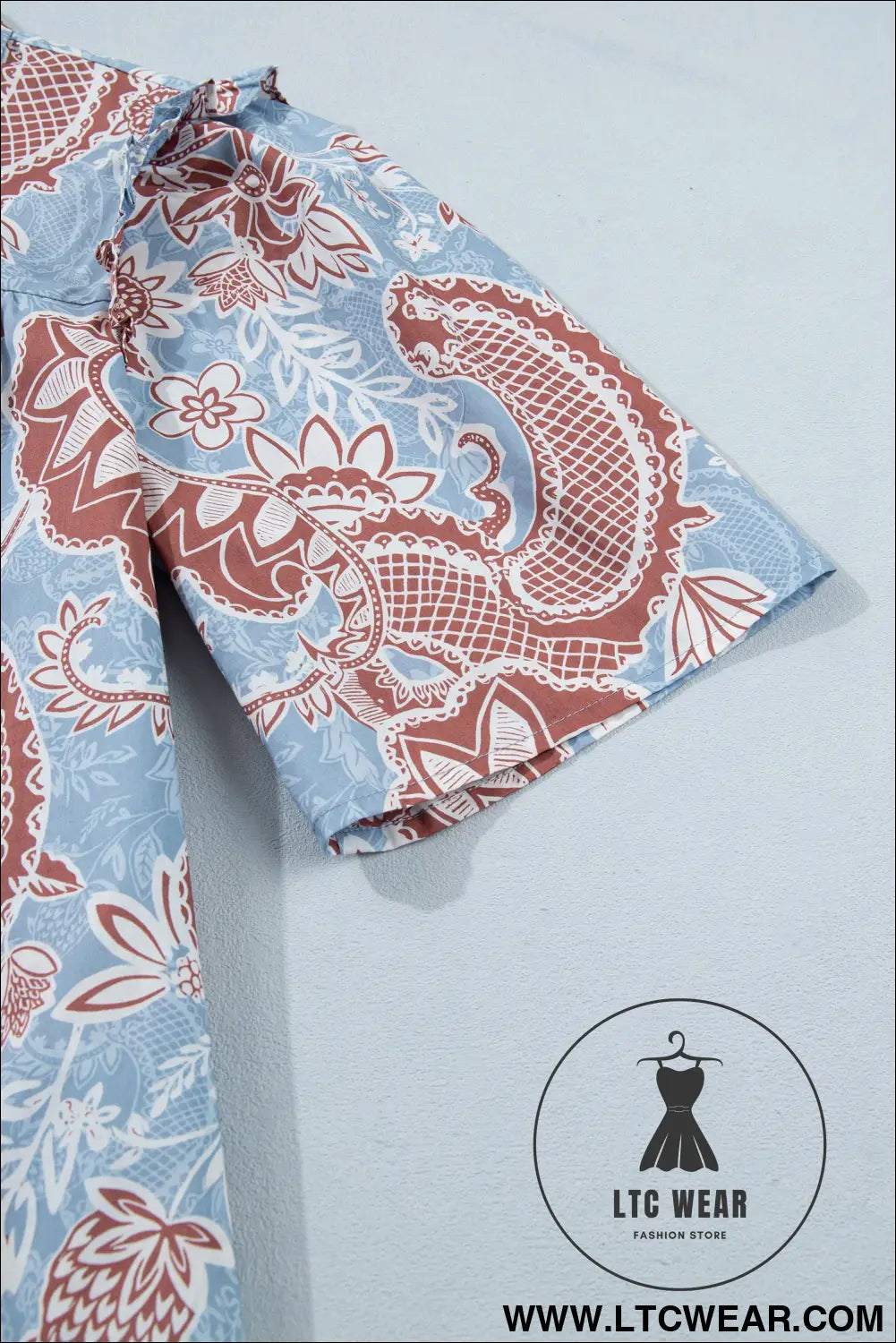 Sky blue boho floral print scalloped trim button down short sleeve shirt - blouses & shirts