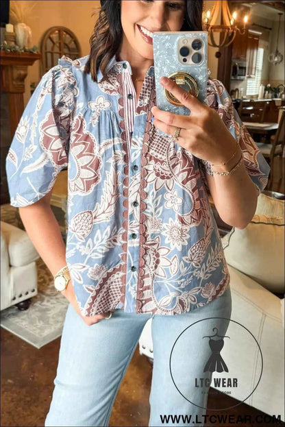 Sky Blue Boho Floral Print Scalloped Trim Button Down Short Sleeve Shirt