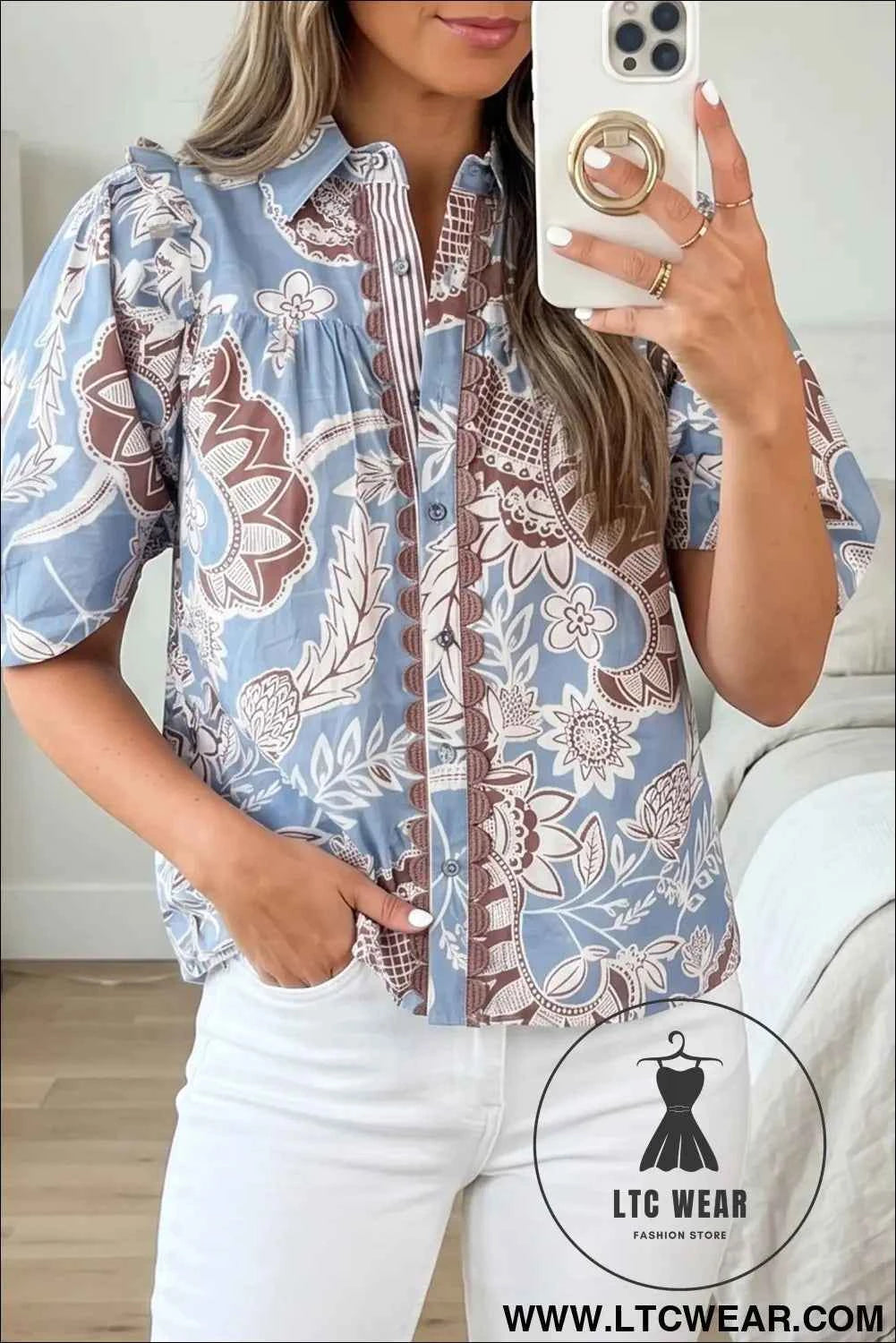 Sky Blue Boho Floral Print Scalloped Trim Button Down Short Sleeve Shirt