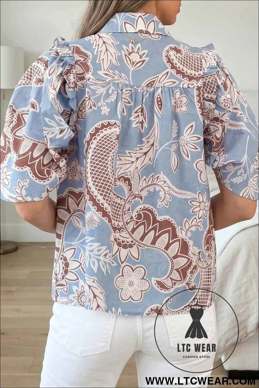 Sky Blue Boho Floral Print Scalloped Trim Button Down Short Sleeve Shirt