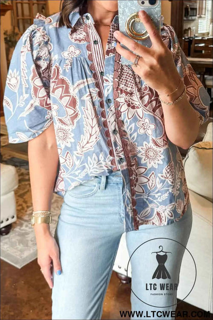 Sky Blue Boho Floral Print Scalloped Trim Button Down Short Sleeve Shirt
