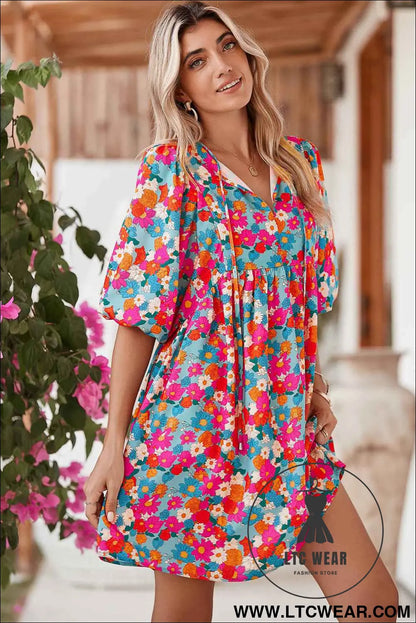 Sky Blue Boho Floral Print V Neck Lantern Sleeve Babydoll Dress
