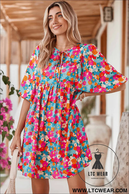 Sky Blue Boho Floral Print V Neck Lantern Sleeve Babydoll Dress - L.T.C Wear Online Fashion Store
