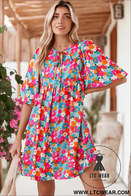 Sky Blue Boho Floral Print V Neck Lantern Sleeve Babydoll Dress - L.T.C Wear Online Fashion Store