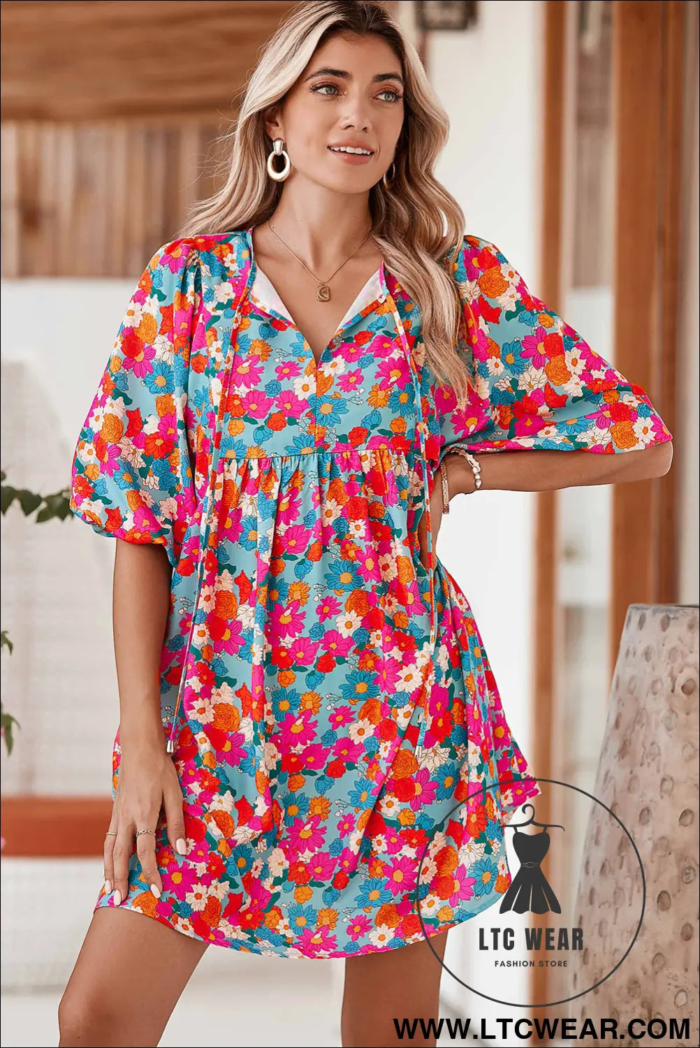 Sky Blue Boho Floral Print V Neck Lantern Sleeve Babydoll Dress - L.T.C Wear Online Fashion Store