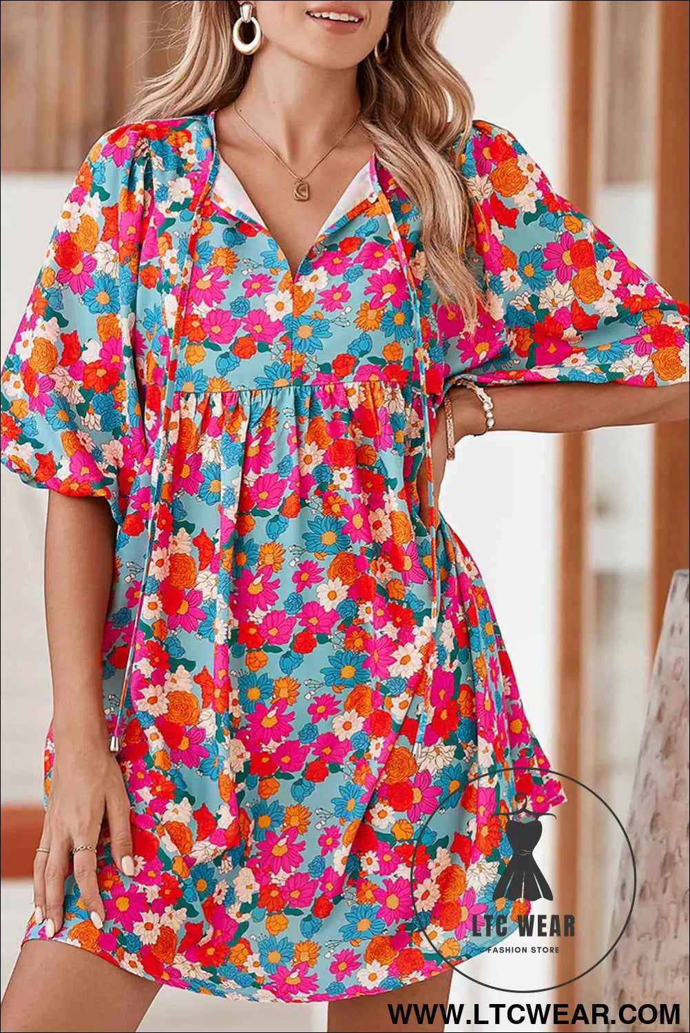Sky Blue Boho Floral Print V Neck Lantern Sleeve Babydoll Dress