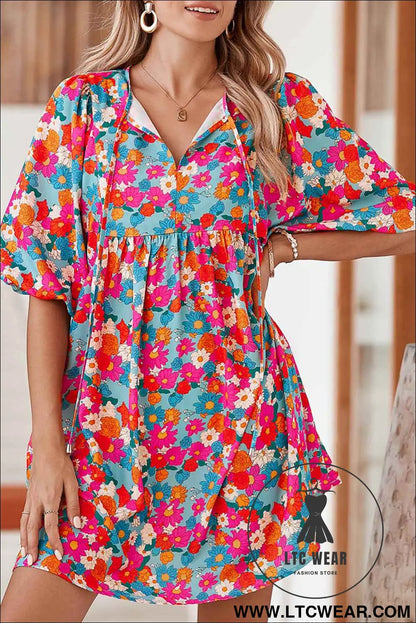 Sky Blue Boho Floral Print V Neck Lantern Sleeve Babydoll Dress