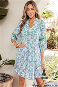 Sky blue boho paisley print contrasted patchwork detail bracelet sleeve loose mini dress - sky blue / l / 55% cotton