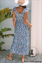 Sky Blue Boho Print Smocked High Waist Maxi Dress