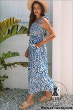 Sky Blue Boho Print Smocked High Waist Maxi Dress