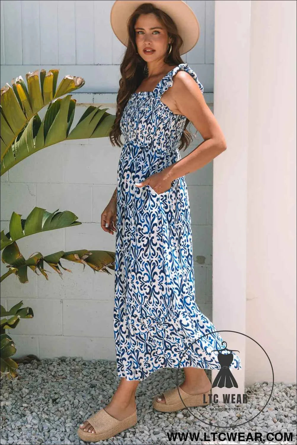 Sky Blue Boho Print Smocked High Waist Maxi Dress