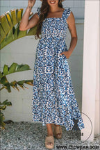 Sky Blue Boho Print Smocked High Waist Maxi Dress